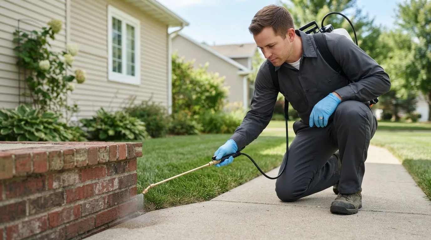 Pest control technician treating a home near Gratiot, OH